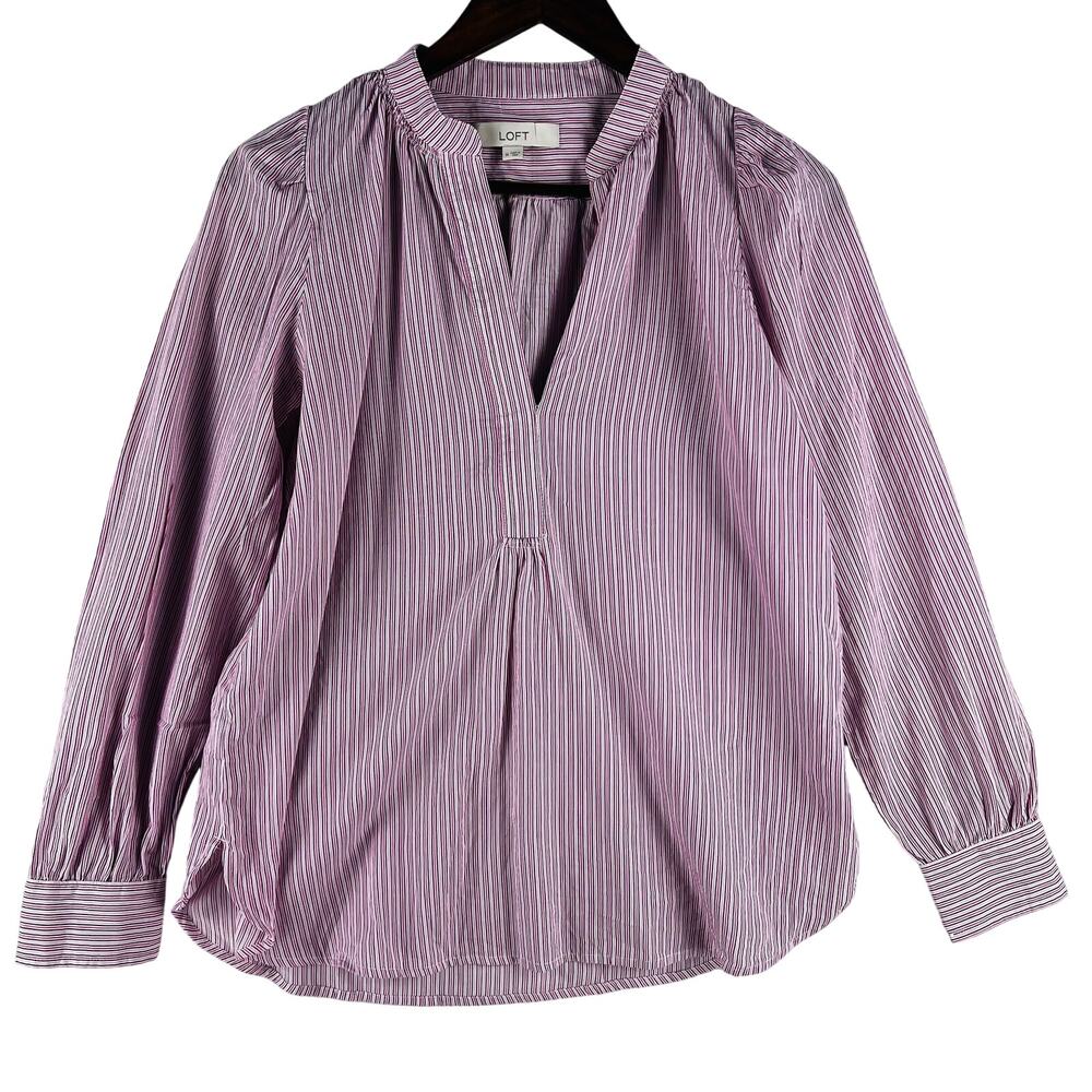 LOFT Womens Popover Blouse M Pink Purple Striped Split Neck Long Sleeve Cotton